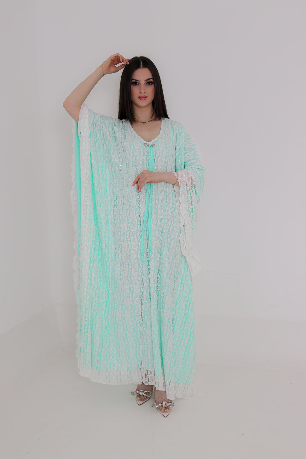 Mint Green Lace Abaya | Floral Lace Open Front