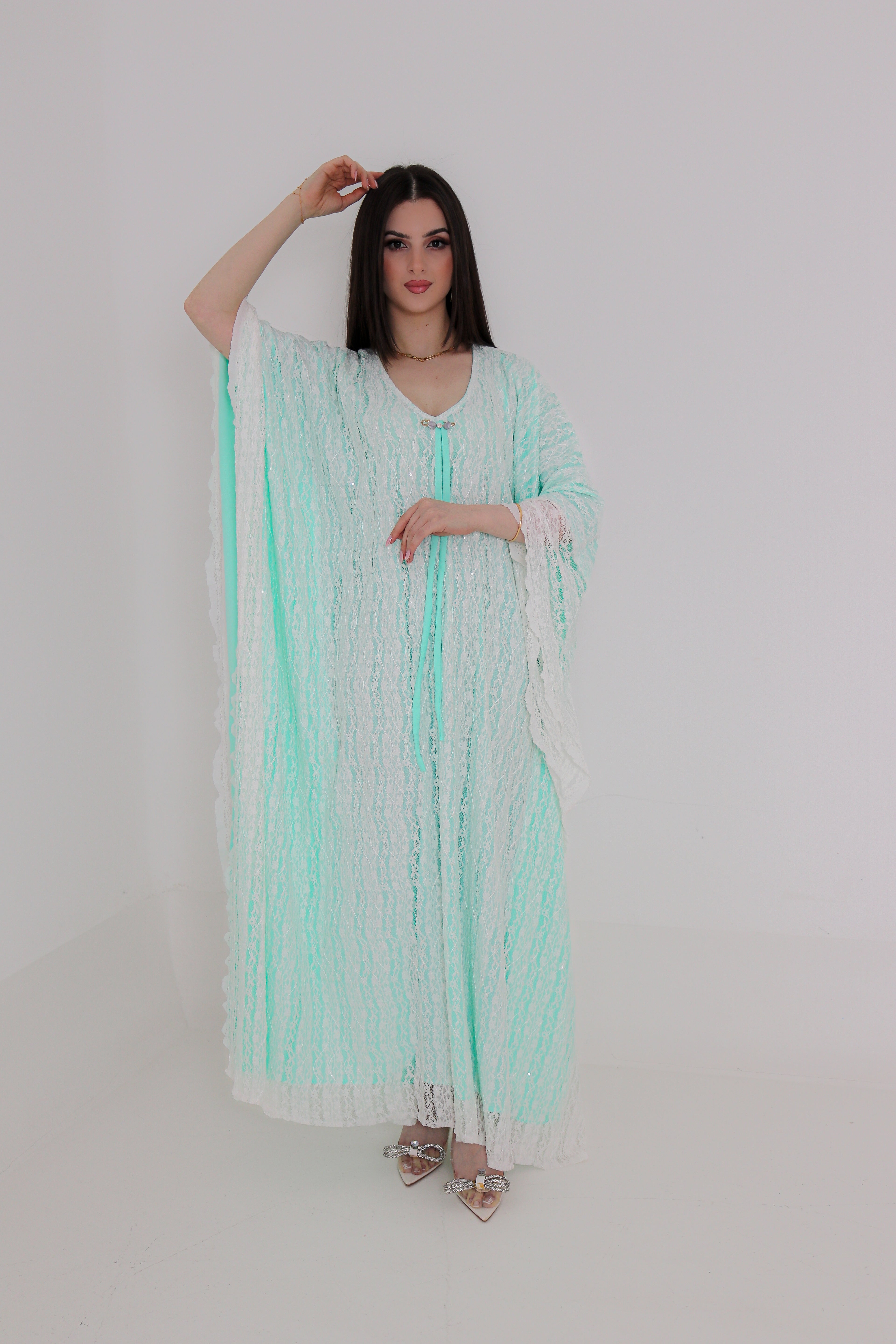 Mint Green Lace Abaya | Floral Lace Open Front