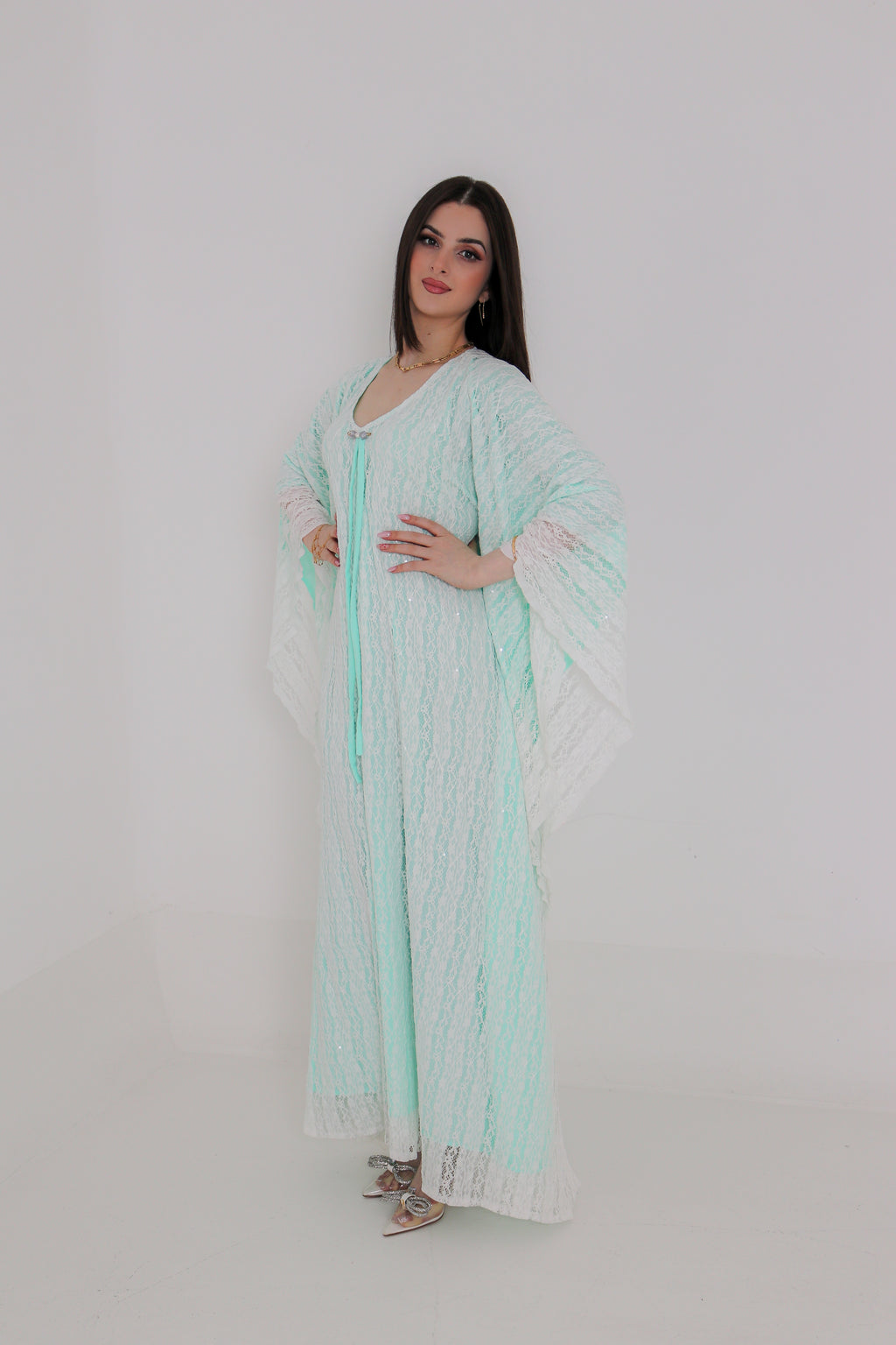 Mint Green Lace Abaya | Floral Lace Open Front