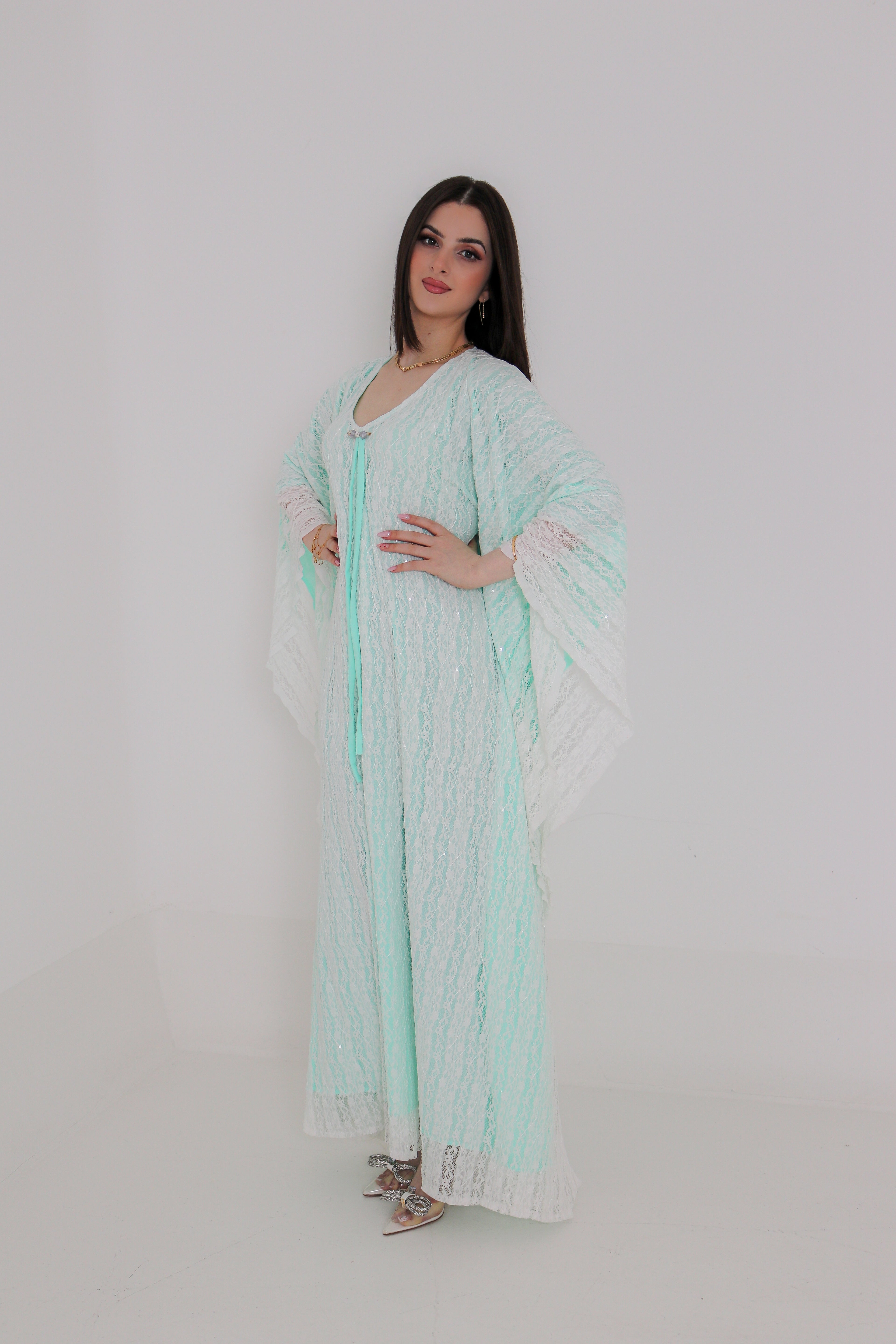 Mint Green Lace Abaya | Floral Lace Open Front