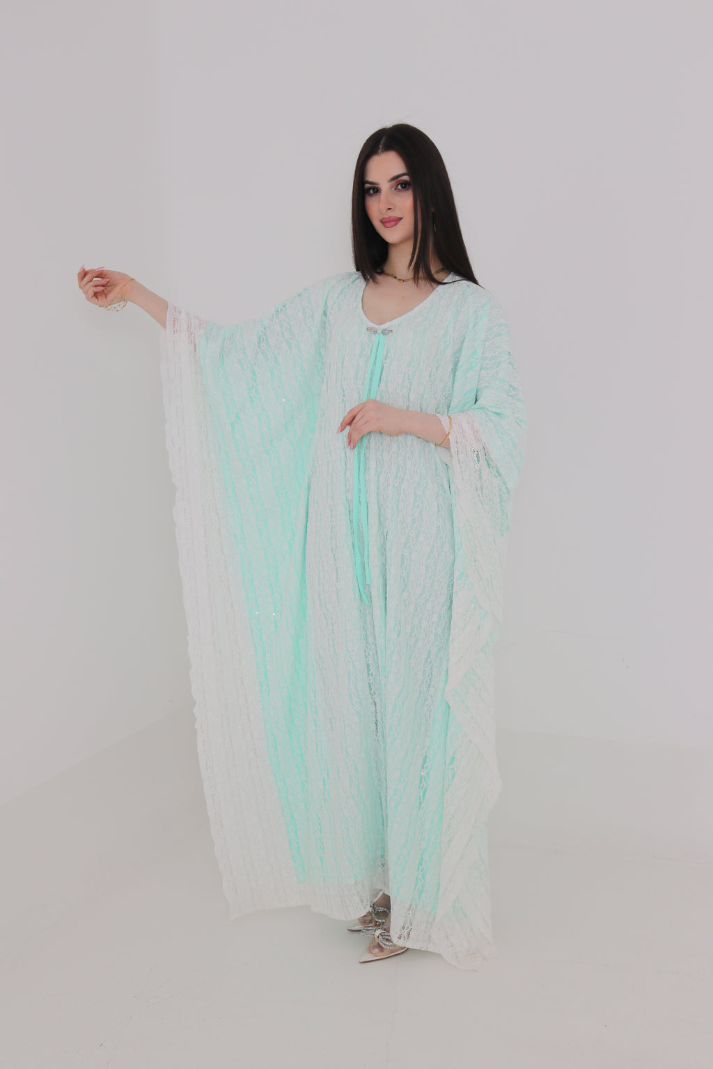 Mint Green Lace Abaya | Floral Lace Open Front