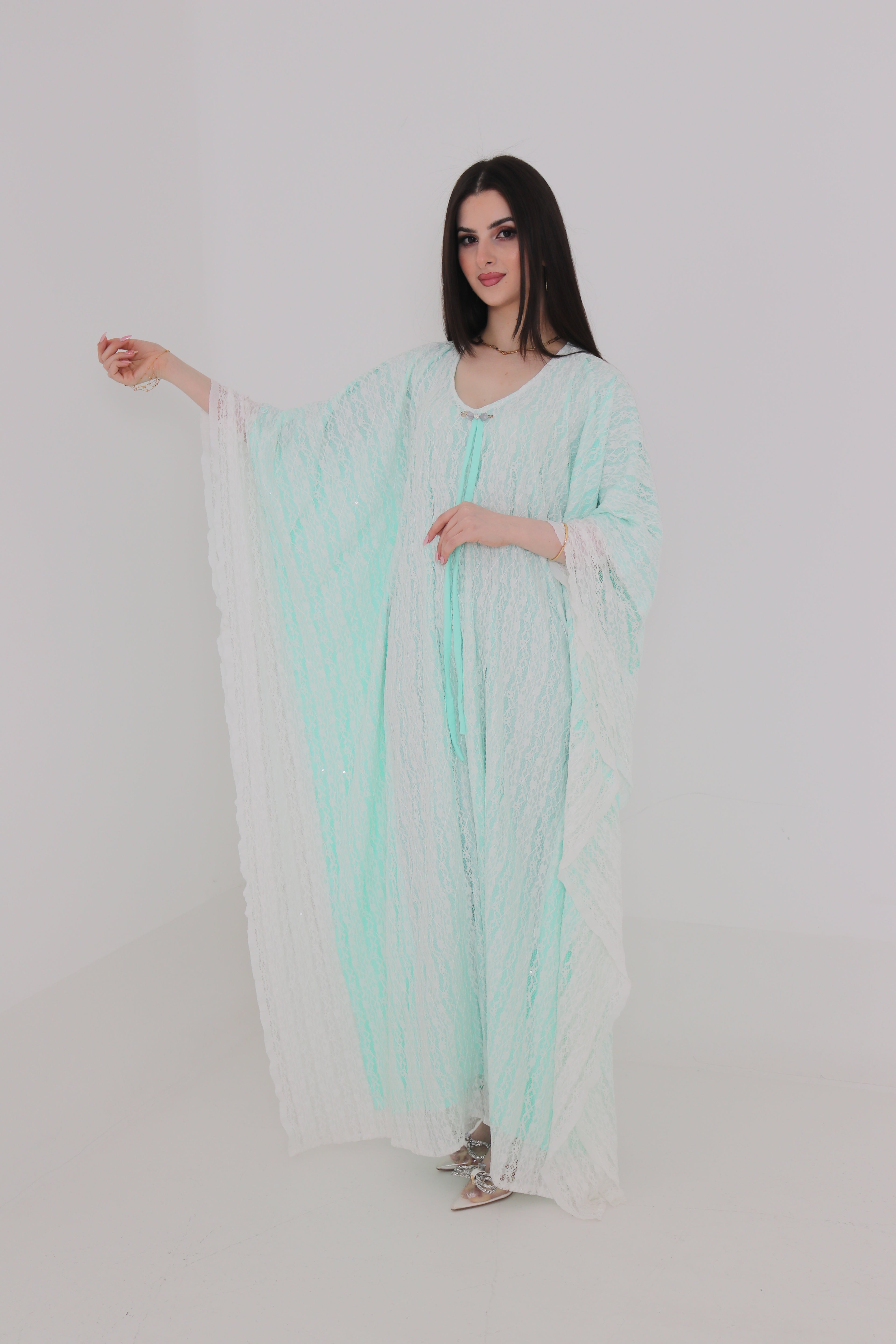 Mint Green Lace Abaya | Floral Lace Open Front