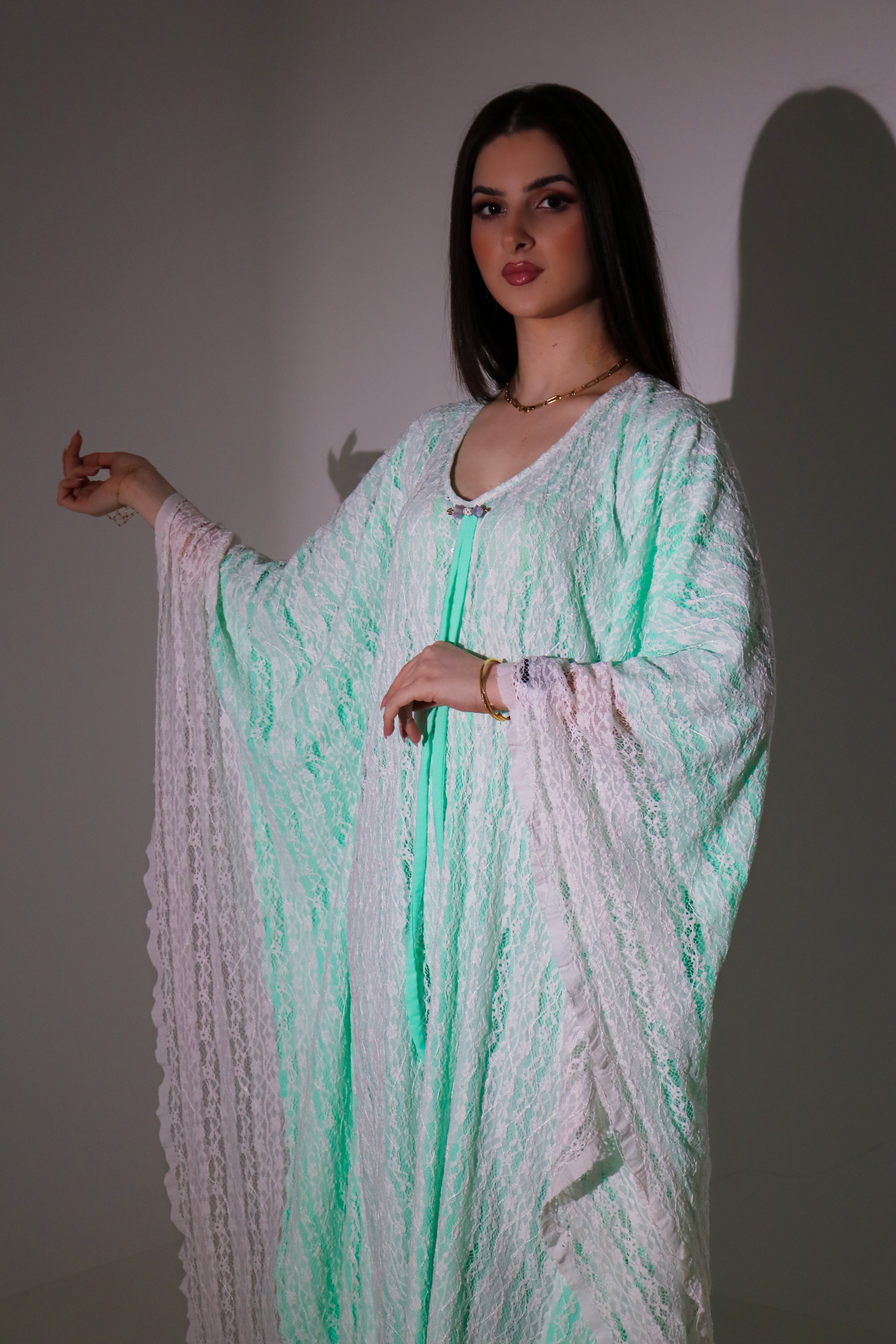Mint Green Lace Abaya | Floral Lace Open Front
