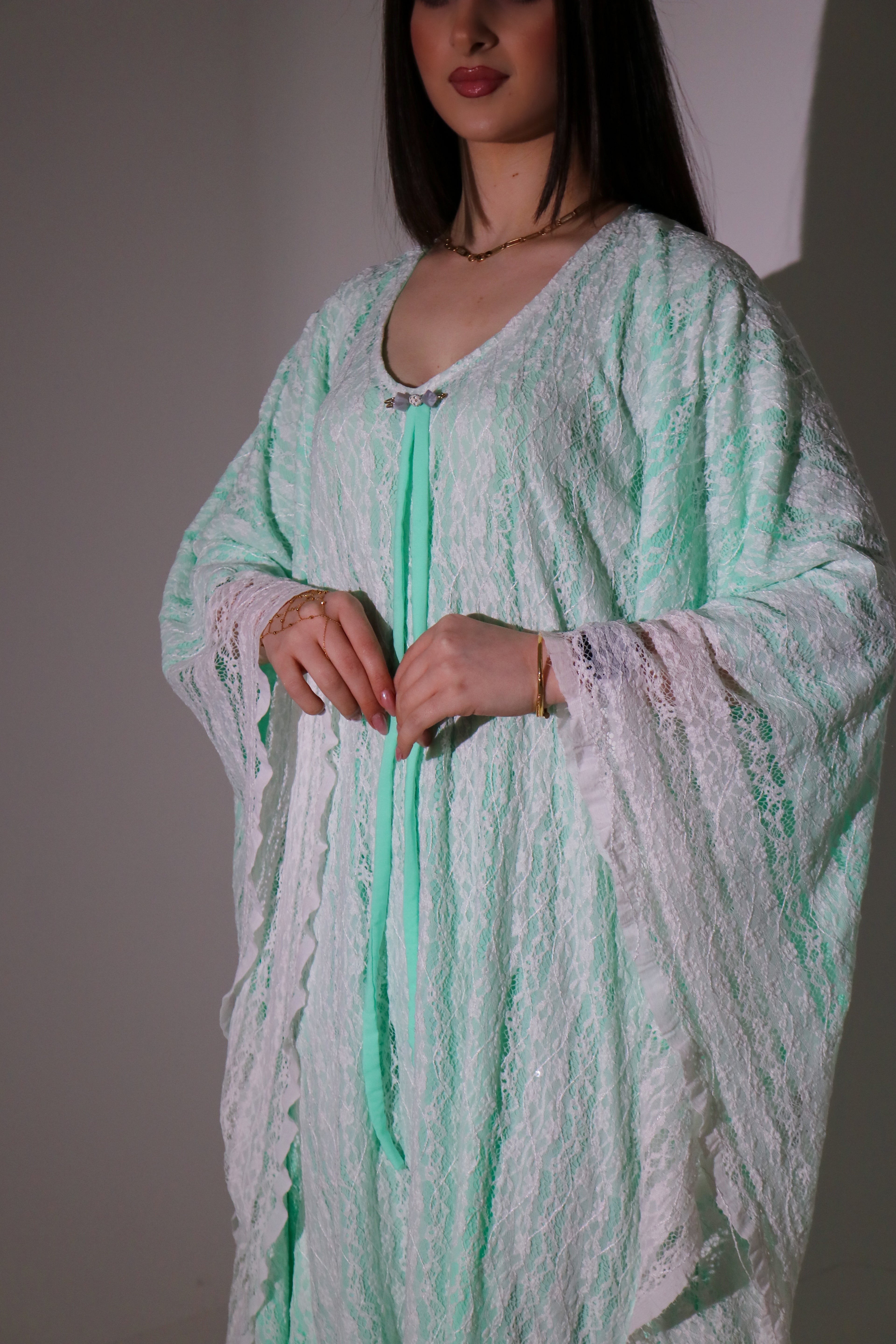 Mint Green Lace Abaya | Floral Lace Open Front