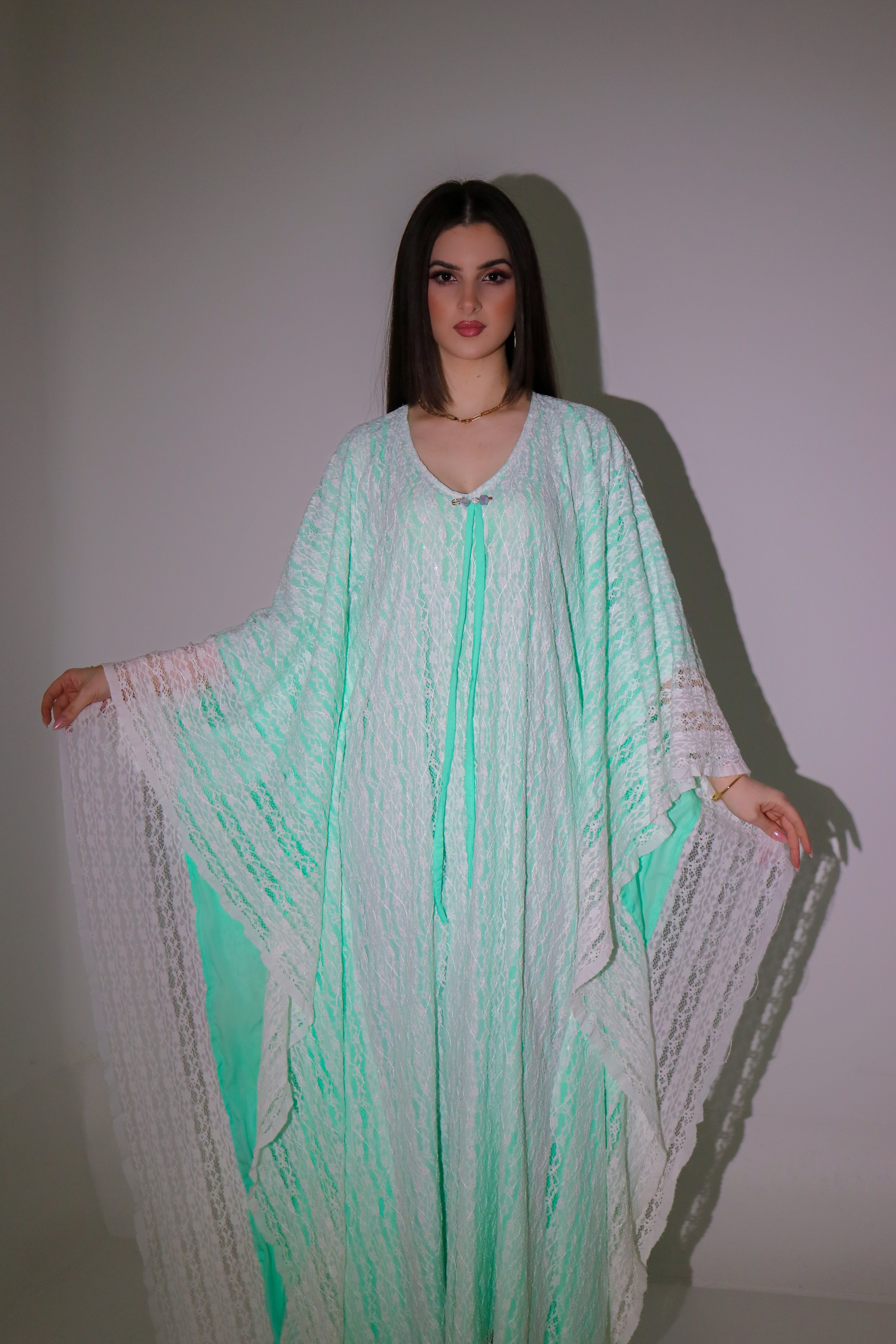 Mint Green Lace Abaya | Floral Lace Open Front