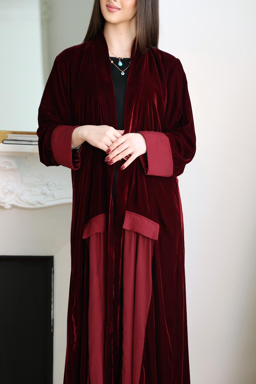Red velvet abaya for women in UAE by Armounn