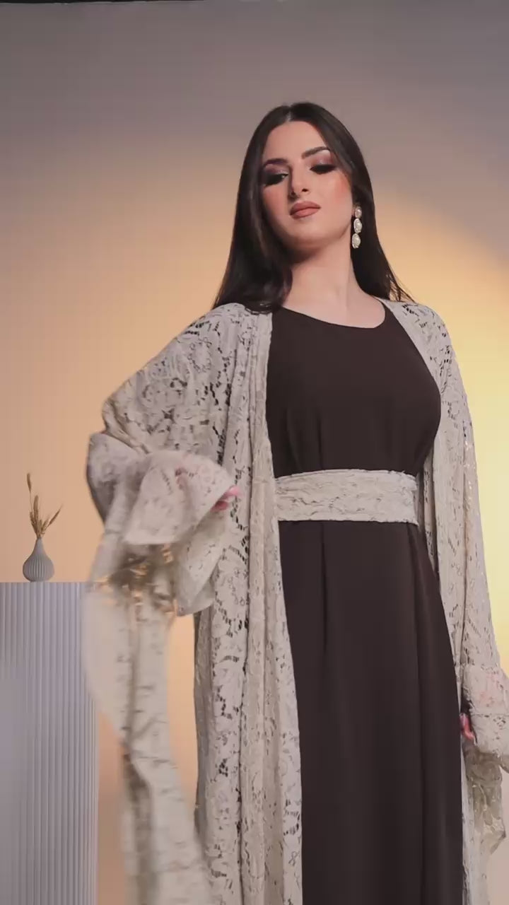 Off-White Floral 3-Piece Abaya Set with Brown Inner Dress and Matching Belt (Hezam)